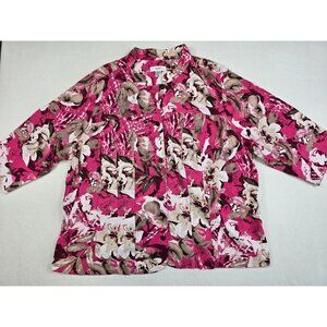 Cj Banks Womens Pink Floral Linen Blend Button-Up Shirt 2X